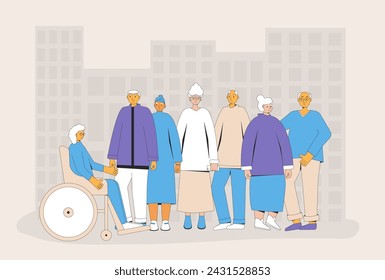 International senior citizens day. Elderly friends. Group of older adult people standing together. Seven elders men and women talk in the street. Happy retirement socialization. Vector illustration.