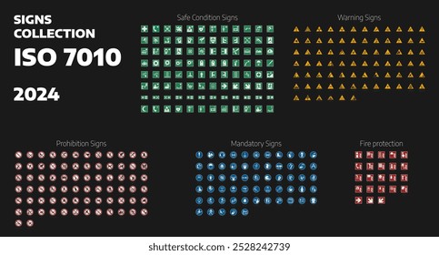 International set signs symbols ISO 7010. Used in industrial applications public buildings. Prohibited, Mandatory, Warning, Fire, Safe, First Aid. Print stickers posters, books and more