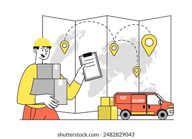 International shipment concept. Man with cardboard boxes on map background. Globalization and international business. Import and export. Logistics and transportation. Linear vector illustration