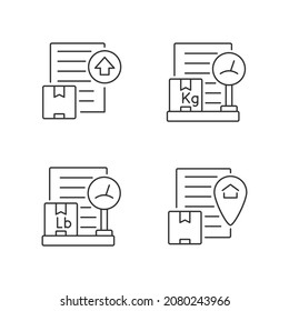 Der internationale Versand dokumentiert lineare Symbole. Geschäftspapiere. Verpackungsliste, Ursprungsbescheinigung und Ausfuhrlizenz. Anpassbare Dünnlinienkontursymbole. Einzelne Vektorgrafiken