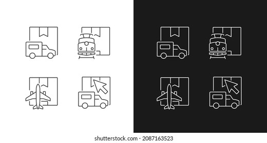 International shipment documents linear icons set for dark and light mode. Packing list, origin certificate and export license. Customizable thin line symbols. Isolated vector outline illustrations