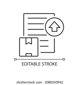 Lineares Symbol für internationale Versandausfuhrlizenzen. Globaler Handel wichtiges Dokument. Dünne, anpassbare Illustration. Contour-Symbol. Vektor-einzelne Rahmenzeichnung. Bearbeitbarer Hub