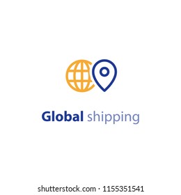 International shipment, global shipping program, delivery services, tracking order, globally transportation business vector line icon