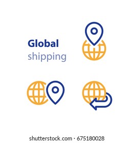 International shipment, global shipping program, delivery services, tracking order, globally transportation business vector line icon