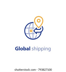 International shipment, global shipping program, delivery services, tracking order, globally transportation business vector line icon