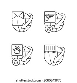Reglas de servicio de envío internacional: iconos lineales establecidos. Entrega global de correo y contenedores. Restricciones de envío. Símbolos de contorno de línea delgada personalizables. Ilustraciones de contorno vectorial aisladas