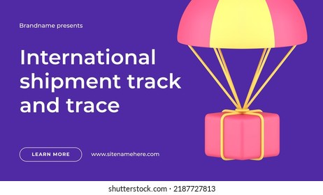 International Shipment Trace And Track Web Banner Parachute With Box Design 3d Icon Vector Illustration. Worldwide Shipping Parcel Courier Delivery Service Post Parcel Freight Location Monitoring App