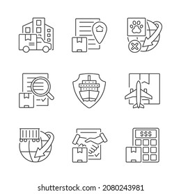 International shipping business linear icons set. Worldwide delivering of cargoes, parcels and mail. Customizable thin line contour symbols. Isolated vector outline illustrations. Editable stroke