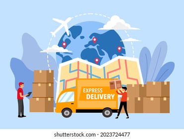 International shipping concept vector illustration. Airplane, delivery truck, package and map in flat design. Global logistics. Import and export distribution.