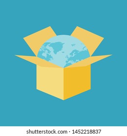 International Shipping Concept. World in Cardboard box. Vector illustration