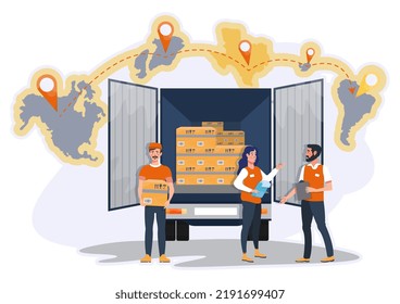 International shipping, online delivery service concept. Logistics. Fast delivery. Truck with boxes. Unloading. Courier. Flat vector illustration.
