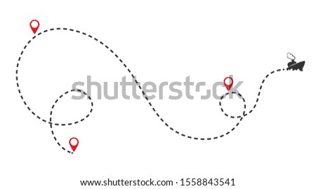 International shipping over seas. Ship on the route with pointers. Vector illustration