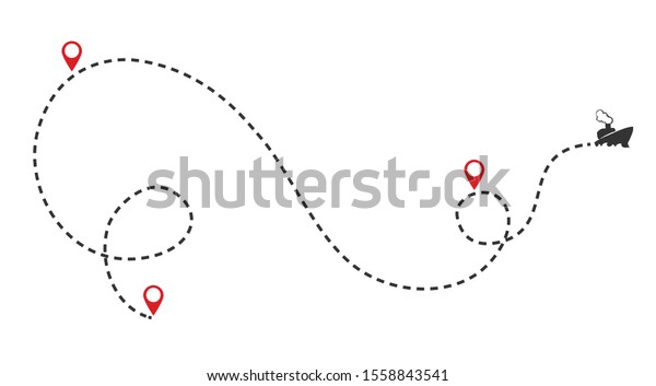 International shipping over seas. Ship on\
the route with pointers. Vector\
illustration