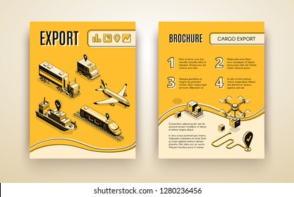 International shipping service, global trade and goods delivery company isometric vector brochure page layout design template with car, air, railroad, maritime freight transport line art illustration