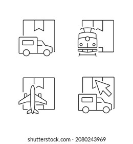 International shipping transport types linear icons set. Delivery online request. Modern technology of cargo shipping. Customizable thin line contour symbols. Isolated vector outline illustrations