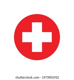 International sign of the red medical cross. Icon in a red circle. Vector symbol on white background.