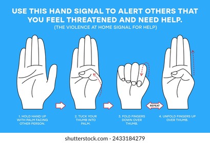 Internationales Signal für Hilfe. Einhändige Geste, die von einer Person verwendet werden kann, um andere zu alarmieren, dass Sie sich bedroht fühlen und Hilfe benötigen. Gewalt zu Hause - Hilferuf