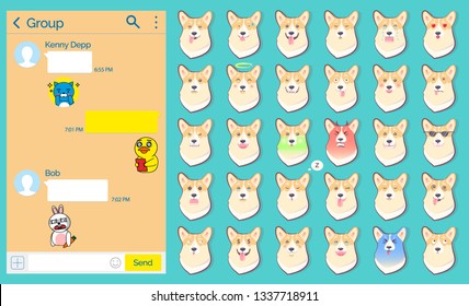 International social network vector, messanger chatting page with stickers. Emoticons of dog, emotional doggy with angry, sad and happy faces set