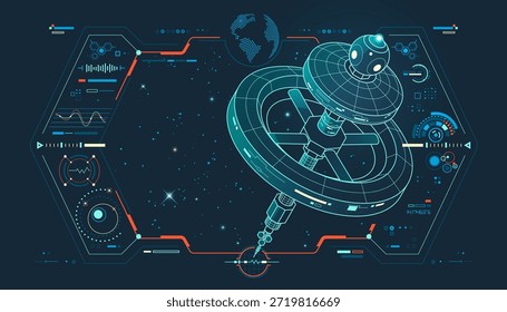 estação espacial internacional ou engenharia aeroespacial, gráfico de infraestrutura orbital alinhada com interface de galáxia