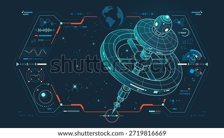 international space station or aerospace engineering, graphic of lined orbital infrastructure with galaxy interface