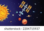 International space station. Astronomy and science vector illustration. Station in space near sun, comet and planets. Science fiction wallpaper with technological advances