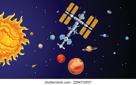 Estación espacial internacional. La astronomía y la ciencia ilustran los vectores. Estación en el espacio cerca del sol, cometa y planetas. Papel mural de ciencia ficción con avances tecnológicos