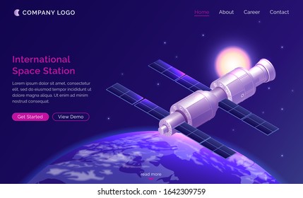 International space station isometric landing page, satellite or spaceship orbiting Earth in starry sky, iss cosmos exploration, outer universe scientific mission, 3d vector illustration, web banner