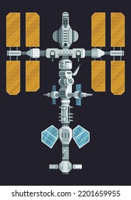 Estación espacial internacional. Laboratorio de ciencias orbitales. Ilustración vectorial de avance tecnológico astronómico