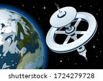 International Space Station Orbiting Earth. Isometric space station with multiple gravitational wheels.
