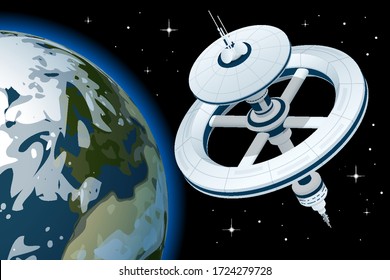 International Space Station Orbiting Earth. Isometric space station with multiple gravitational wheels.