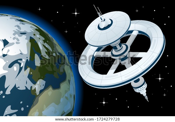 International Space Station\
Orbiting Earth. Isometric space station with multiple gravitational\
wheels.