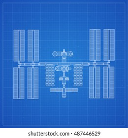 International Space Station Plot On Blueprint Background. Vector Illustration.