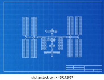 International Space Station Plot On Blueprint Background. Vector Illustration.