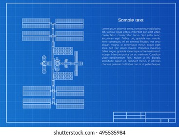 International Space Station Plot On Blueprint Background. Technology And Science Concept With Space For Text. Vector Illustration.