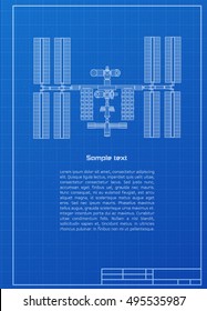 International Space Station Plot On Blueprint Background. Technology And Science Concept With Space For Text. Vector Illustration.