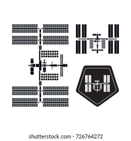 International Space Station silhouette set on white background. Detailed and simplified version. Vector illustration isolated on white background.