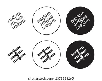 International space station vector icon set in black filled and outlined style.