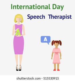 International speech therapist day. Woman teacher with little girl. Flat vector illustration