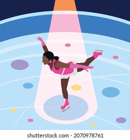 International sport day isometric background with view of skating rink with female character of figure skater vector illustration