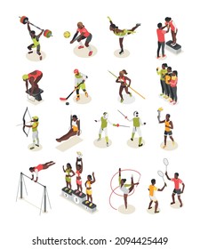 International sportday isometric recolor set of isolated human characters of athletes performing with sport equipment vector illustration