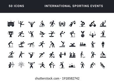 Eventos deportivos internacionales. Colección de iconos monocromos perfectamente simples para el diseño web, aplicación y los proyectos más modernos. Paquete universal de signos clásicos para vacaciones de categoría.