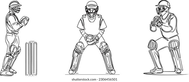 International sports cricket players line art vectors
