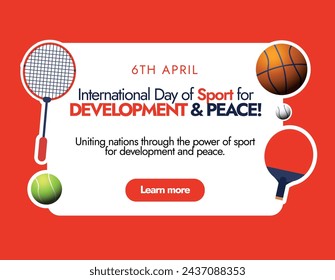 Día Internacional del Deporte. 6 de abril Día Internacional del Deporte para el desarrollo y la celebración de la paz banner de cubierta en fondo rojo oscuro con diferentes equipos deportivos de tenis, raqueta, baloncesto