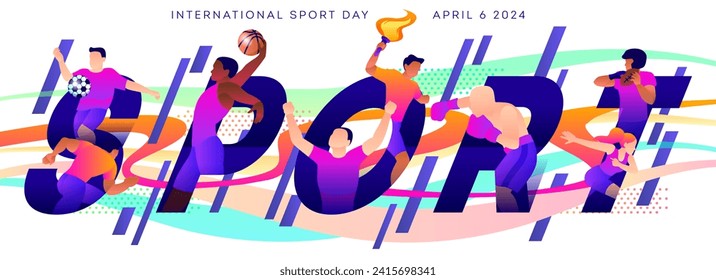 International Sports Day. Banner or background with athletes from different sports. Competition and championship. Design element for greeting card or certificate. Cartoon flat vector illustration