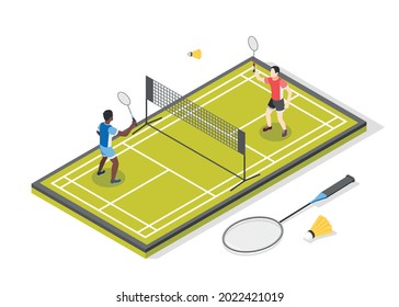 International sports day isometric composition with view of tennis playground with net and pair of players vector illustration