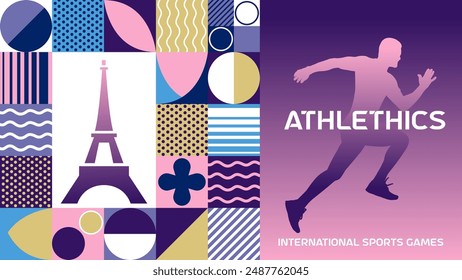 Fondo de póster de atletismo de juegos deportivos internacionales. Anuncio de la competición deportiva mundial de verano