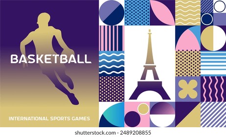 International sports games basketball poster background. Banner of Paris summer world sports competition