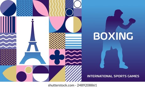 International sports games boxing poster background. Banner of Paris summer world sports competition