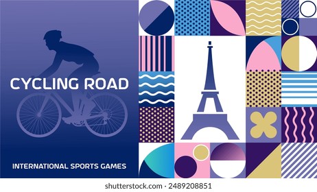 International sports games cycling road poster background. Banner of Paris summer world sports competition