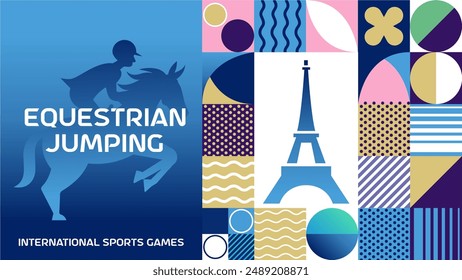 International sports games equestrian jumping poster background. Banner of Paris summer world sports competition